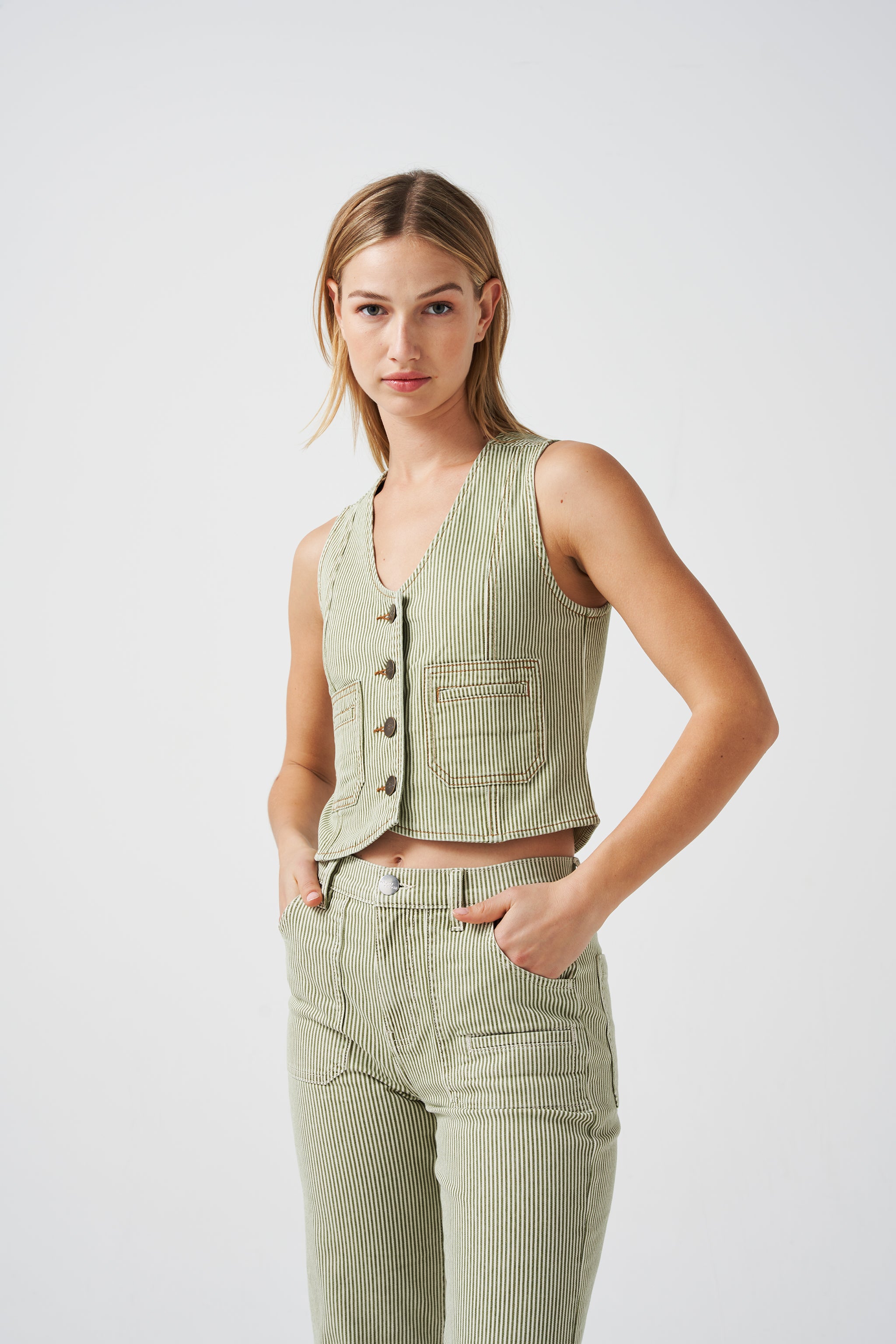 Bea Waistcoat in Khaki Stripe - seventy + mochi