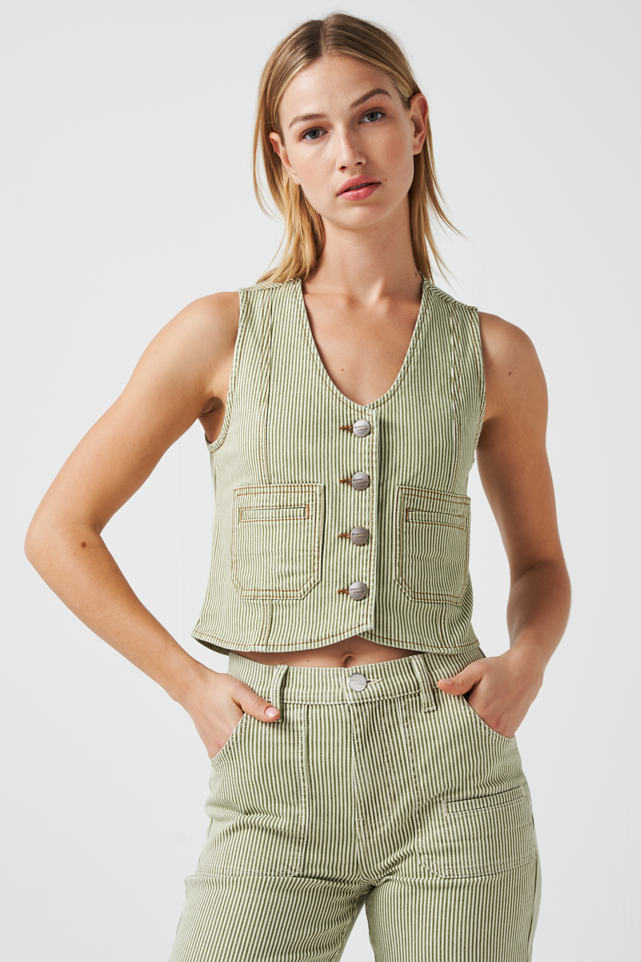 Bea Waistcoat in Khaki Stripe - seventy + mochi