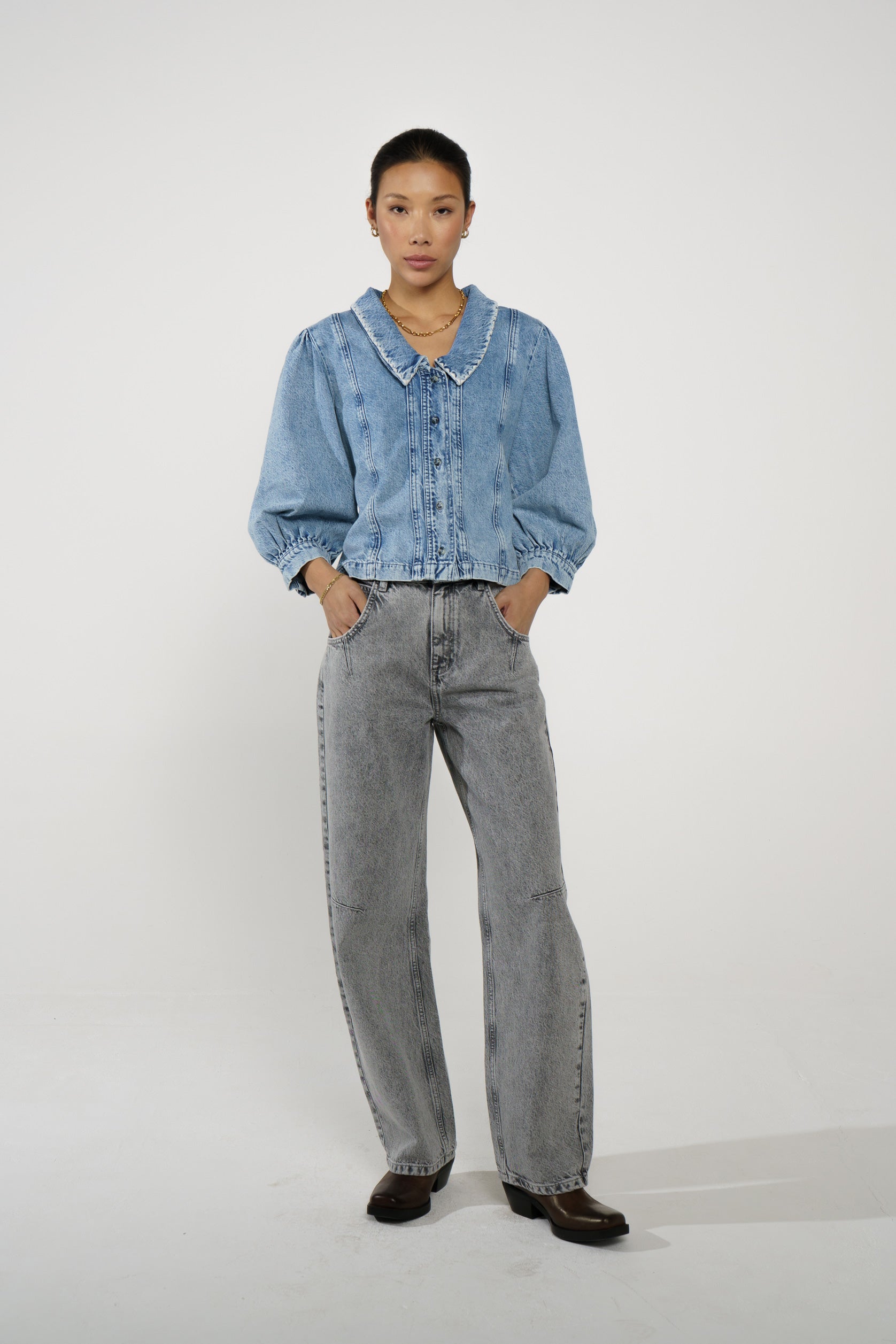 Talia Collared Denim Top in Newport - seventy + mochi