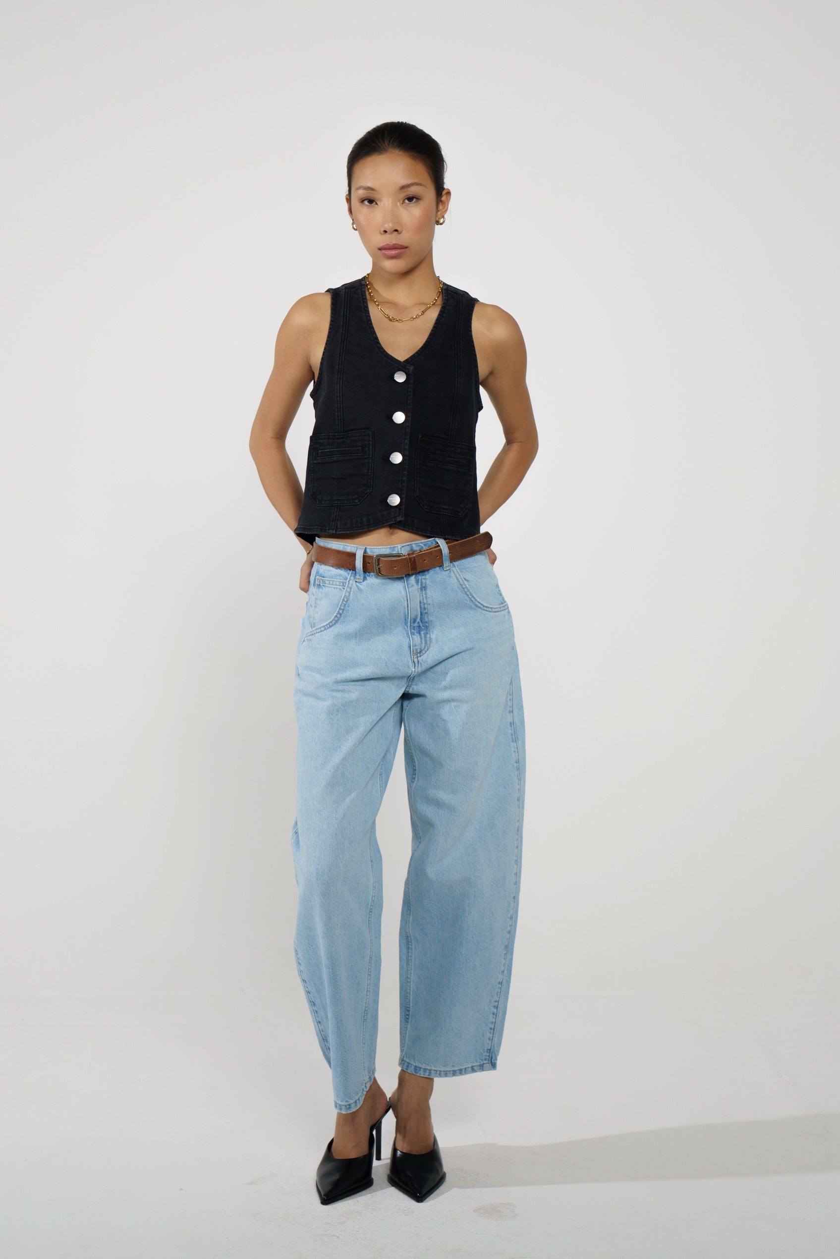 Bea Denim Vest in Black - seventy + mochi