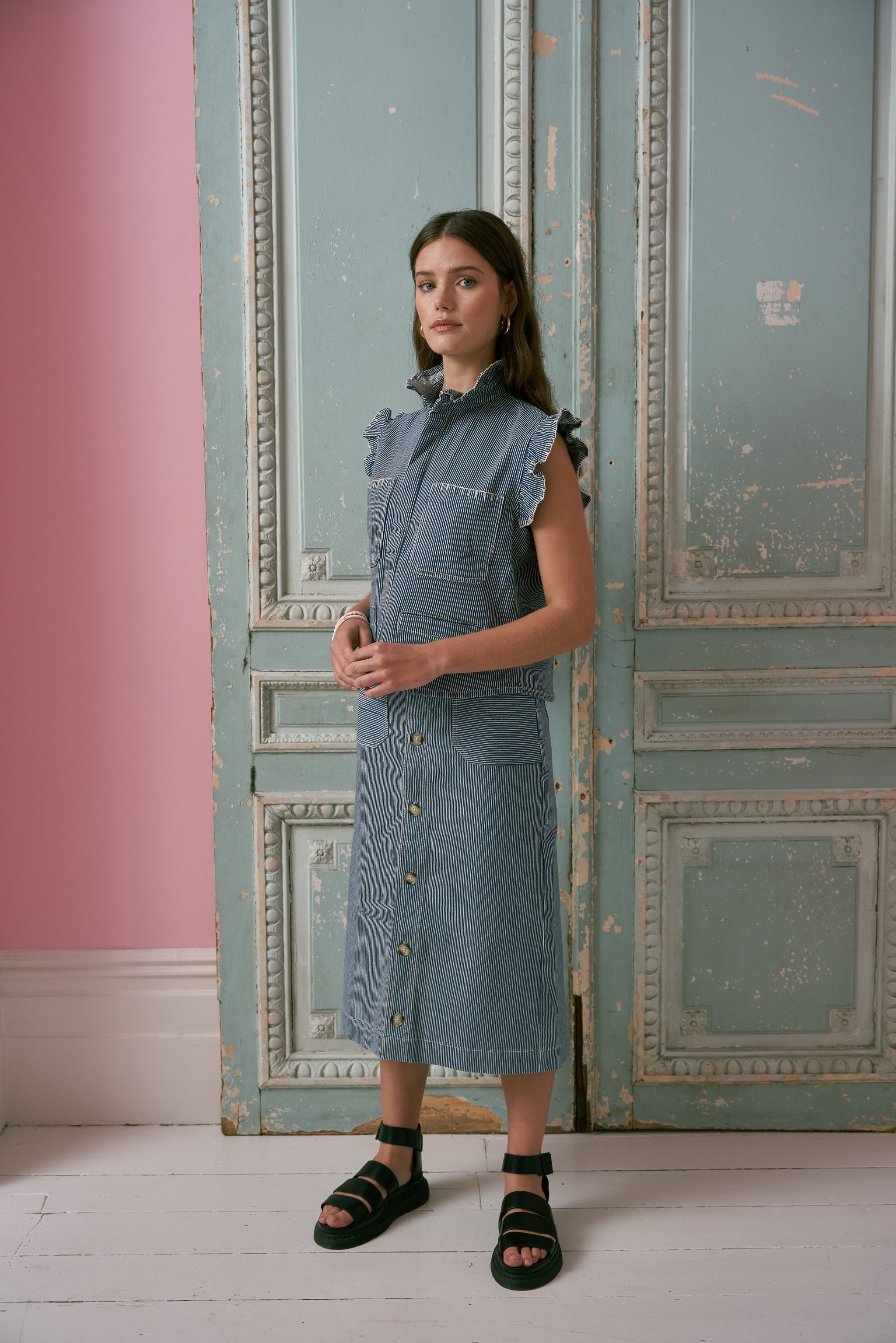 Elodie Midi Skirt in Striped Denim - seventy + mochi