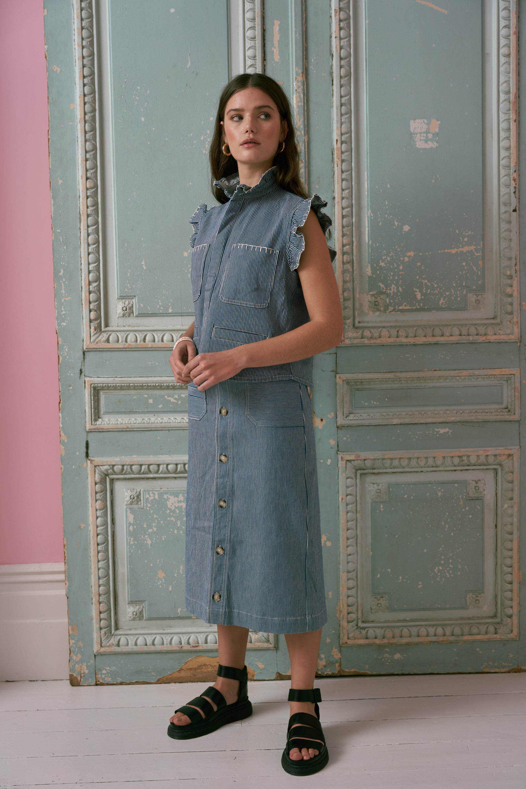Elodie Midi Skirt in Striped Denim - seventy + mochi
