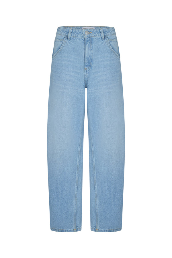 Front of Bo Barrel Leg Jean in Sunbleached white background no model
