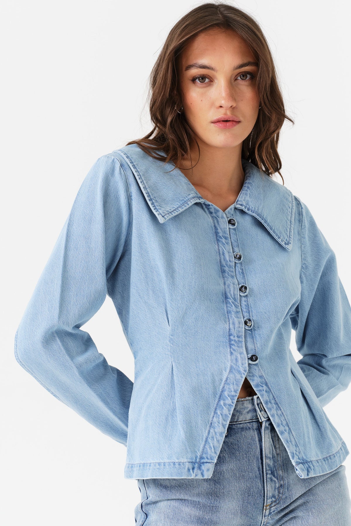 Bette Button Up Denim Shirt in Austin - seventy + mochi