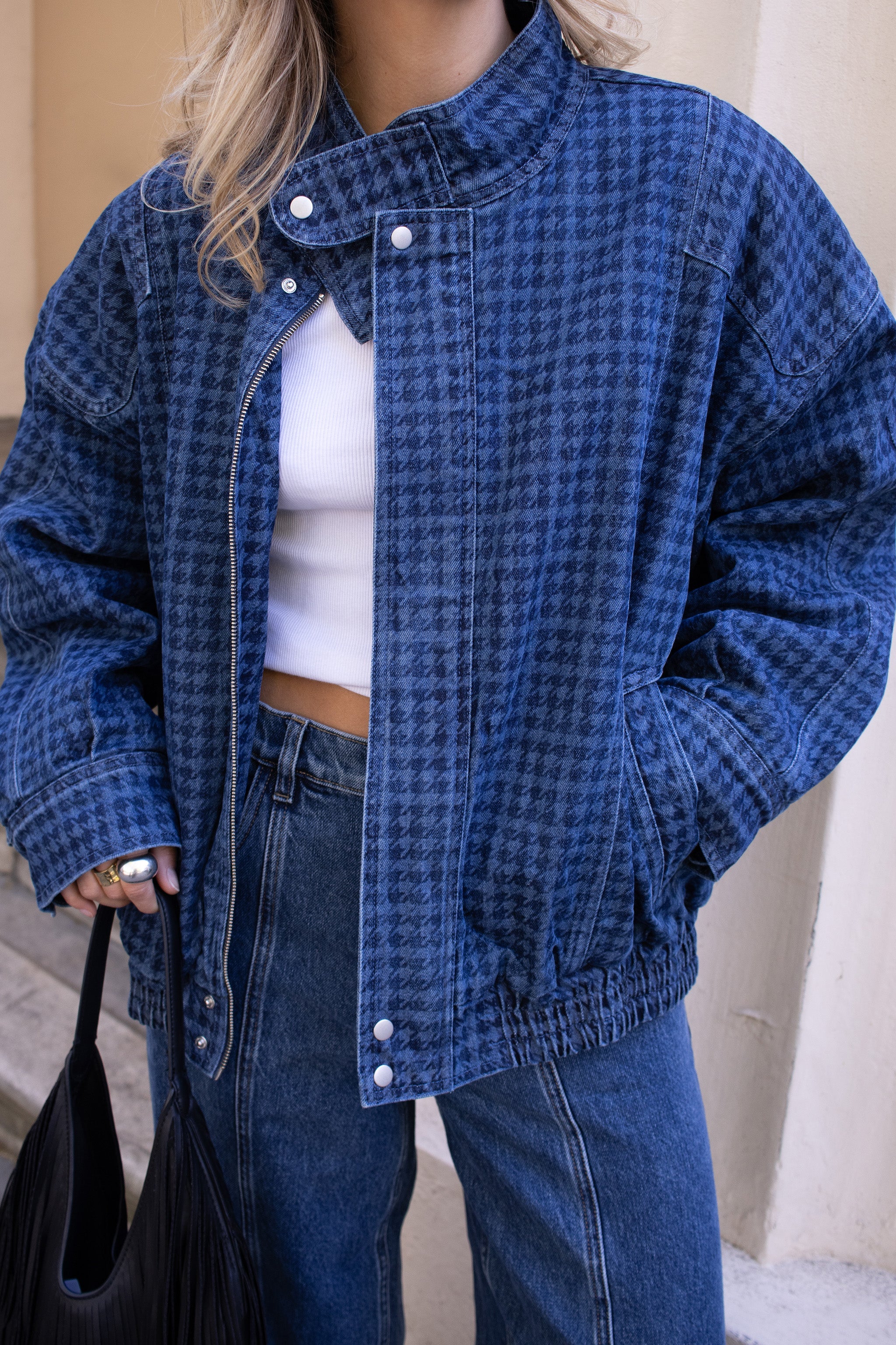 Juno Oversized Bomber Jacket in Houndstooth Americana