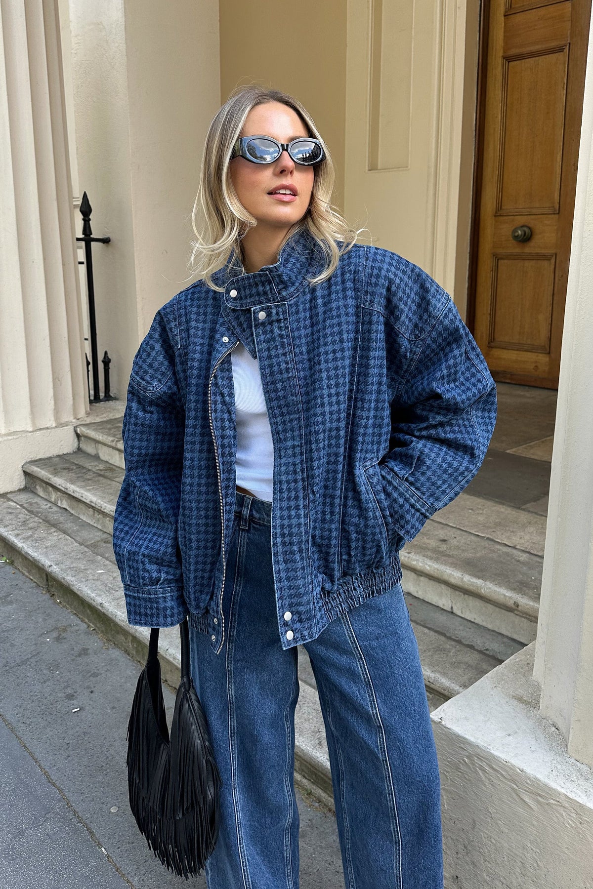 Juno Oversized Bomber Jacket in Houndstooth Americana - seventy + mochi