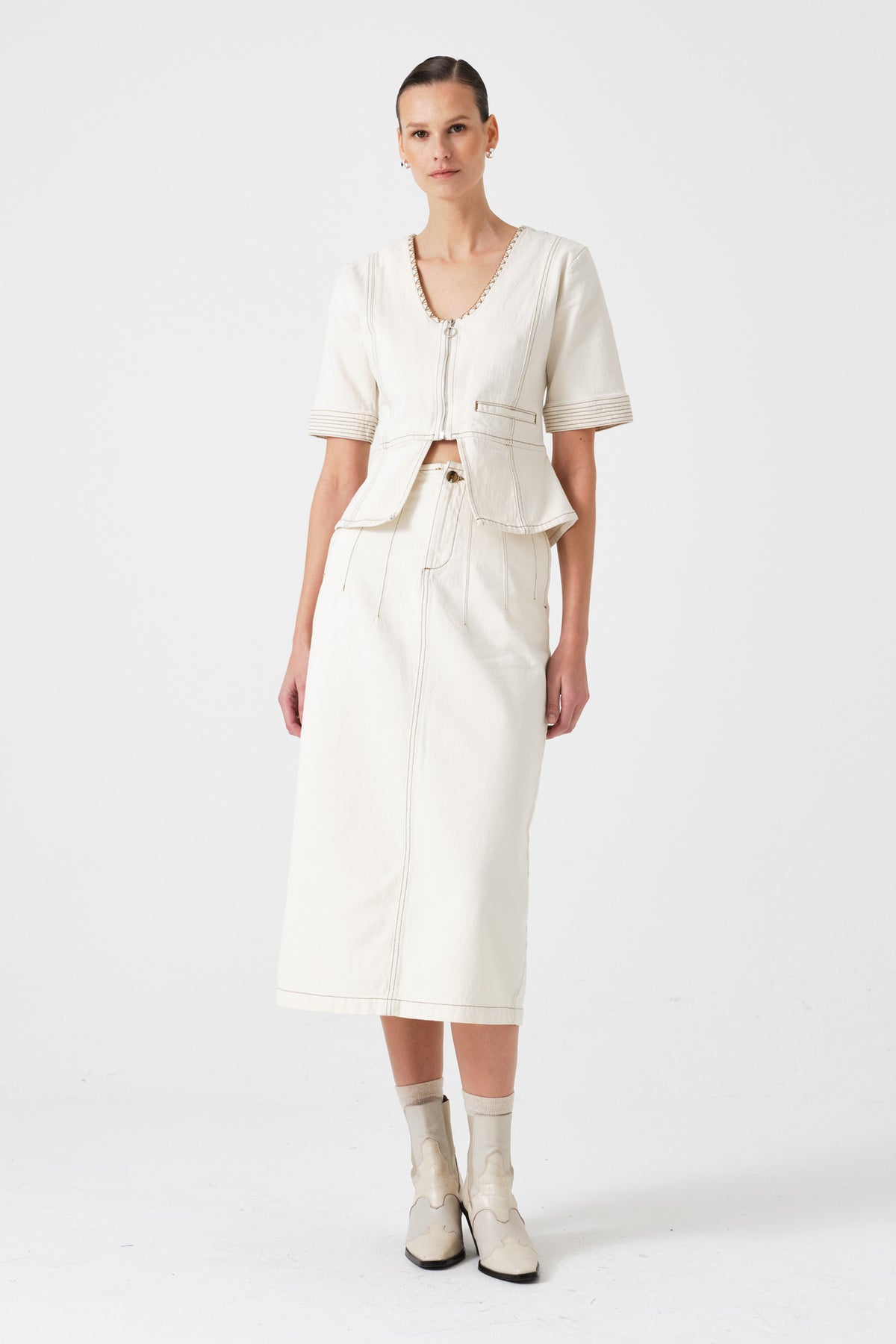 Noah Midi Denim Skirt in Ecru - seventy + mochi