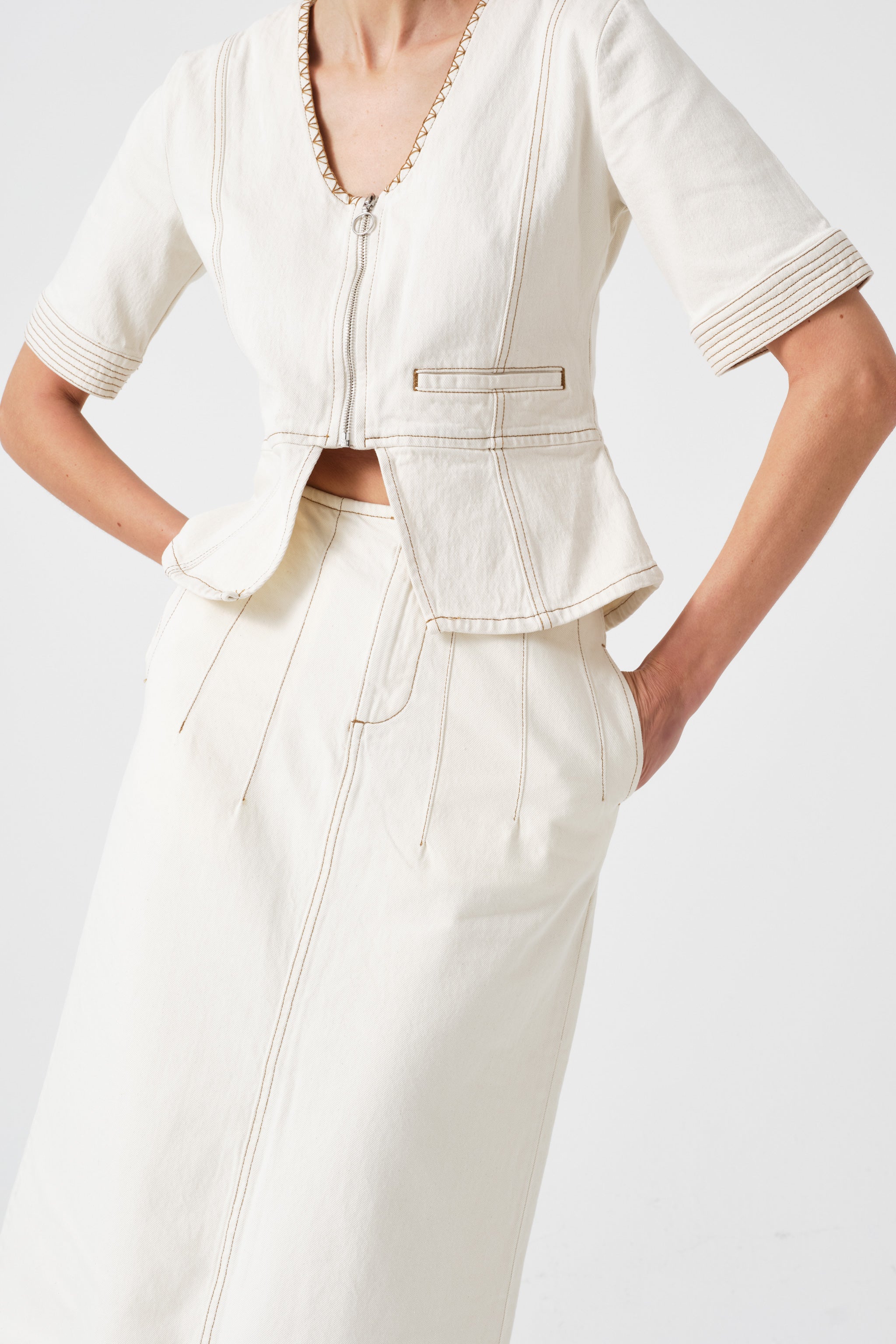 Lea Denim Top in Ecru