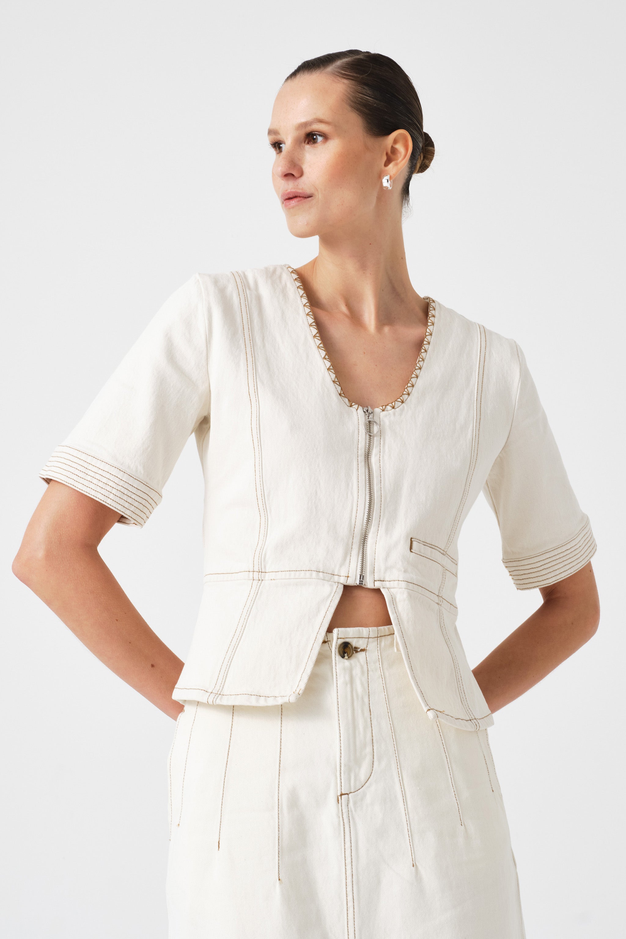 Lea Denim Top in Ecru