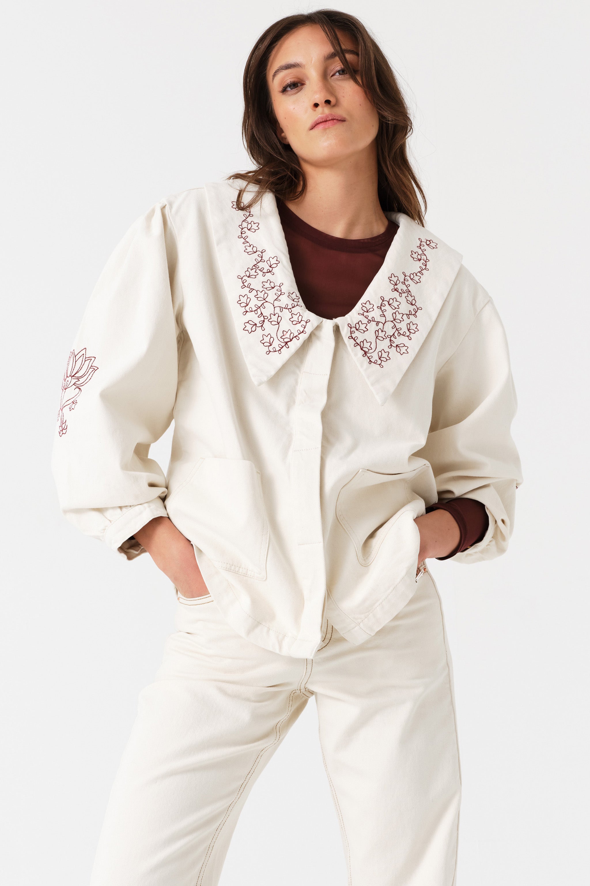Neve Flower-Embroidered Denim Jacket in Ecru - seventy + mochi