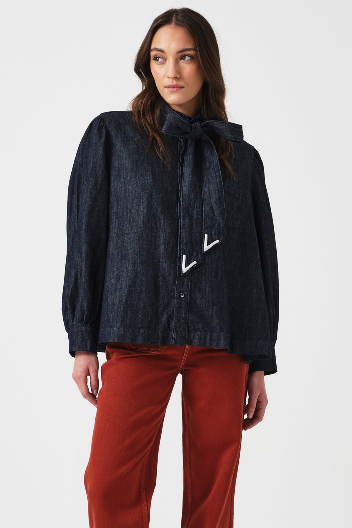 Poet Pussybow Denim Blouse in Pacific Blue - seventy + mochi
