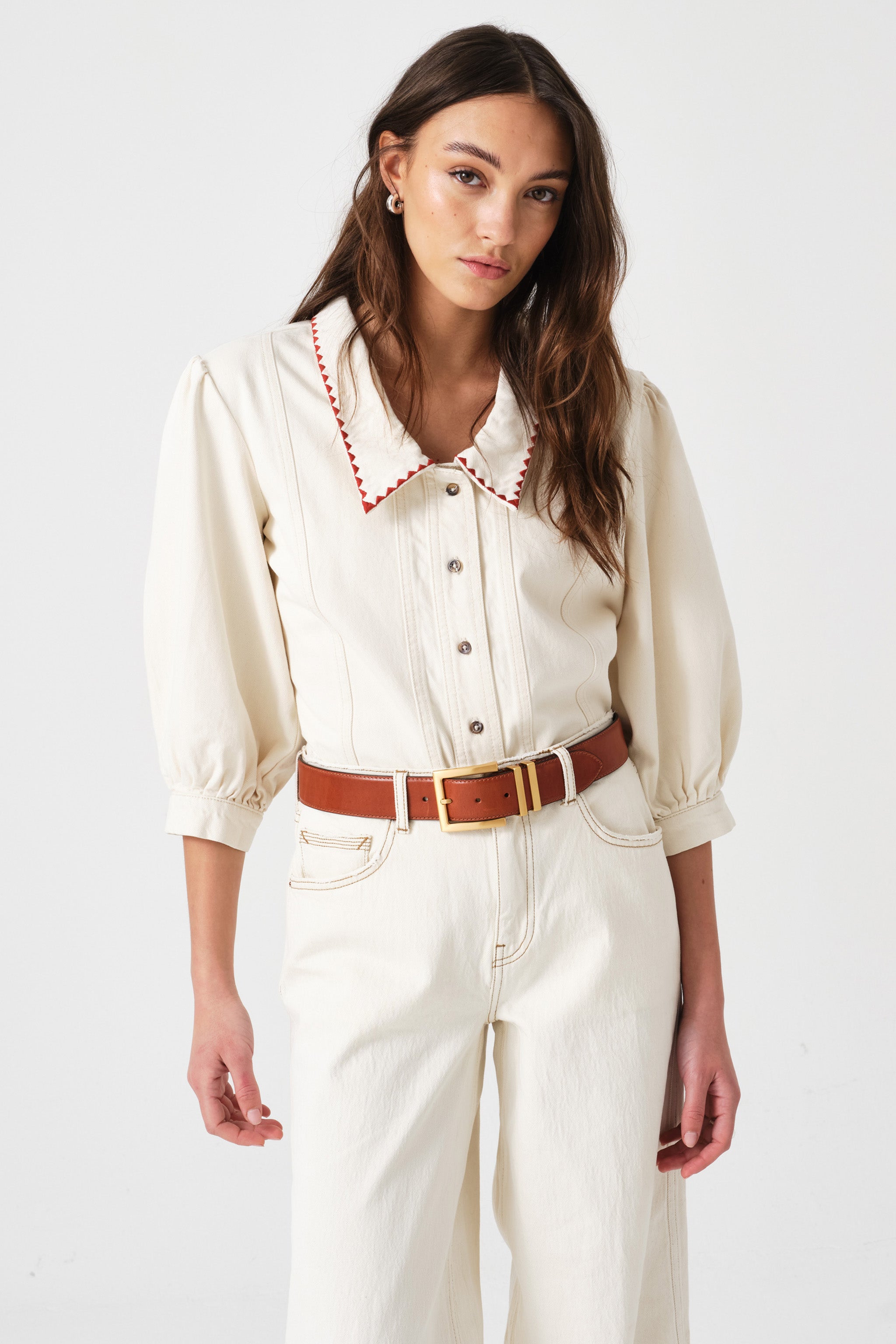 Talia Collared Denim Top in Ecru - seventy + mochi